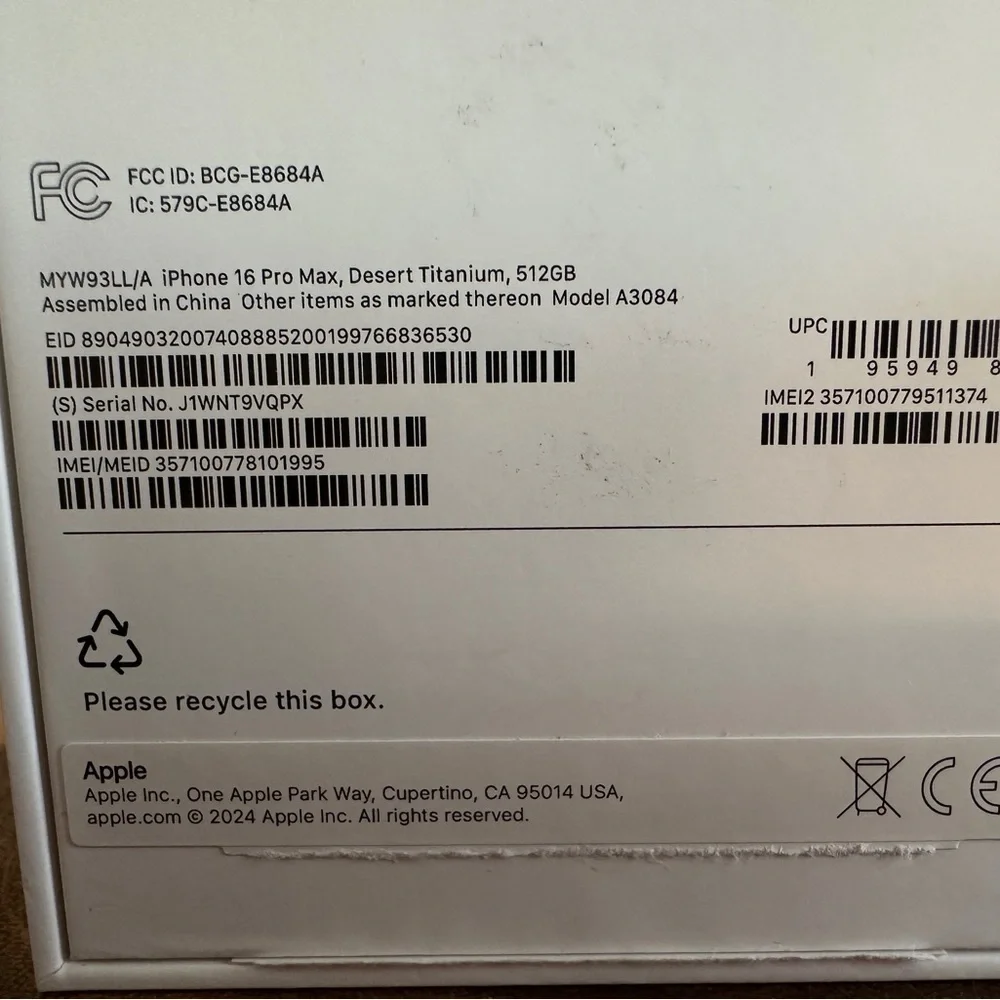 BOX ONLY for iPhone 16 Pro Max in Desert Titanium 512 Gb w/papers inside